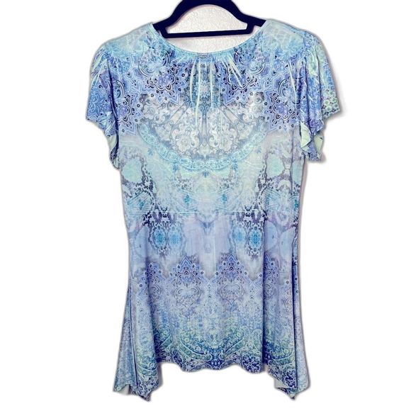 World Unity Embellished BOHO Tunic Blue Purple Handkerchief Hem Size M. - Picture 3 of 13